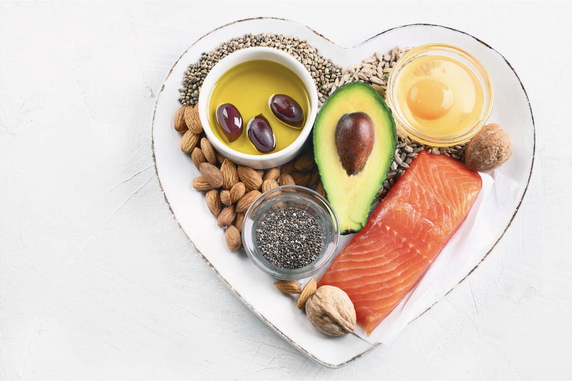 Health food on a heart shaped plate